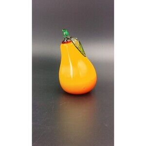 Vintage Art Glass Pear Hand Blown Paperweight Orange Yellow MCM Figurine Display
